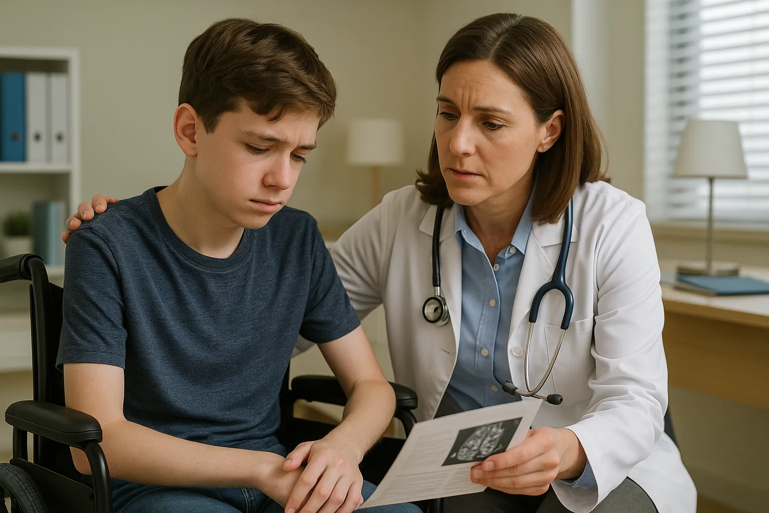 Подросток в инвалидной коляске с диагнозом спинальная мышечная атрофия